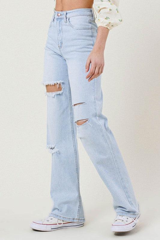 Women's Jeans Light Stone Distressed Wide Leg Jeans