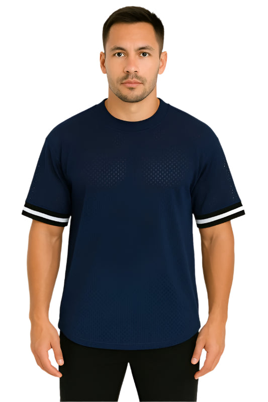 WEIV men's navy blue lightweight athletic top for travel with short sleeves and striped cuffs