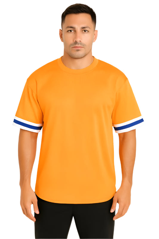 WEIV men's lightweight athletic top for travel in bright orange with blue and white striped sleeves
