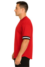 WEIV men's red lightweight athletic top for travel with black and white striped short sleeves