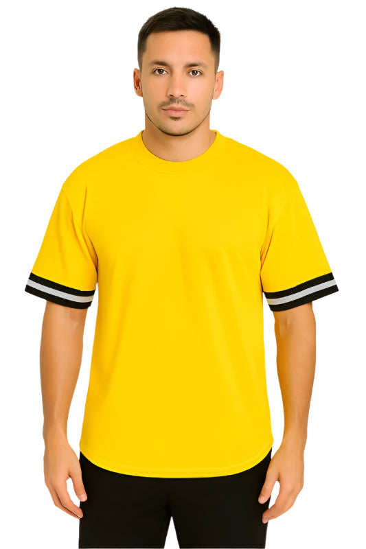 WEIV men's yellow lightweight athletic top for travel with black and white striped sleeves