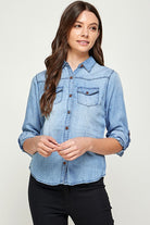Blue Age women's lightweight denim shirt for travel with button front and rolled sleeves
