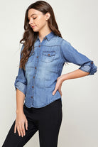 Blue Age women's lightweight denim shirt for travel with button-up front and rolled sleeves