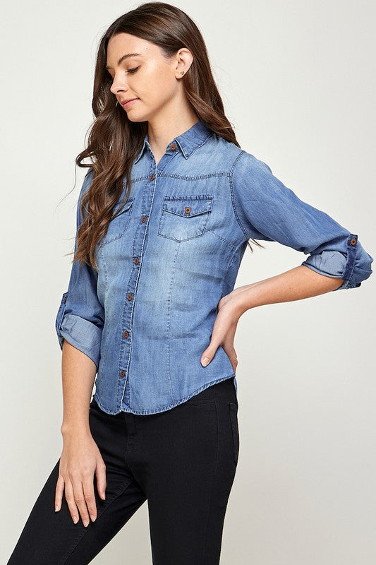 Blue Age women's lightweight denim shirt for travel with button-up front and rolled sleeves