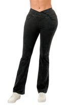 Black lightweight flare jeans for women with a stylish crossover waistband and comfortable fit
