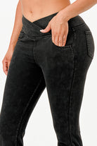 Black lightweight flare jeans for women with a stylish waistband and functional pockets
