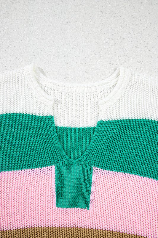 YNIQUE lightweight striped sweater for travel with white green pink and brown color blocks