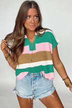 YNIQUE lightweight striped sweater for travel in green pink white and brown worn with denim shorts