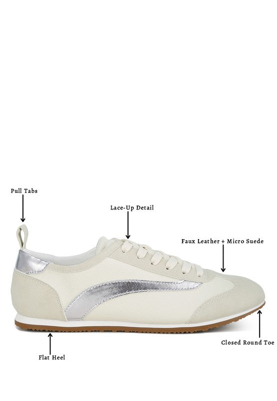 Rag Company lightweight stylish lace up sneakers for women in white with silver accents and faux leather micro suede