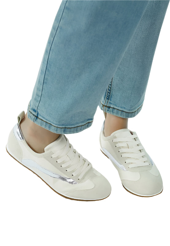 Rag Company lightweight stylish lace up sneakers in white worn with blue jeans