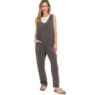 Lightweight travel jumpsuit for women in gray with pockets, perfect for summer adventures