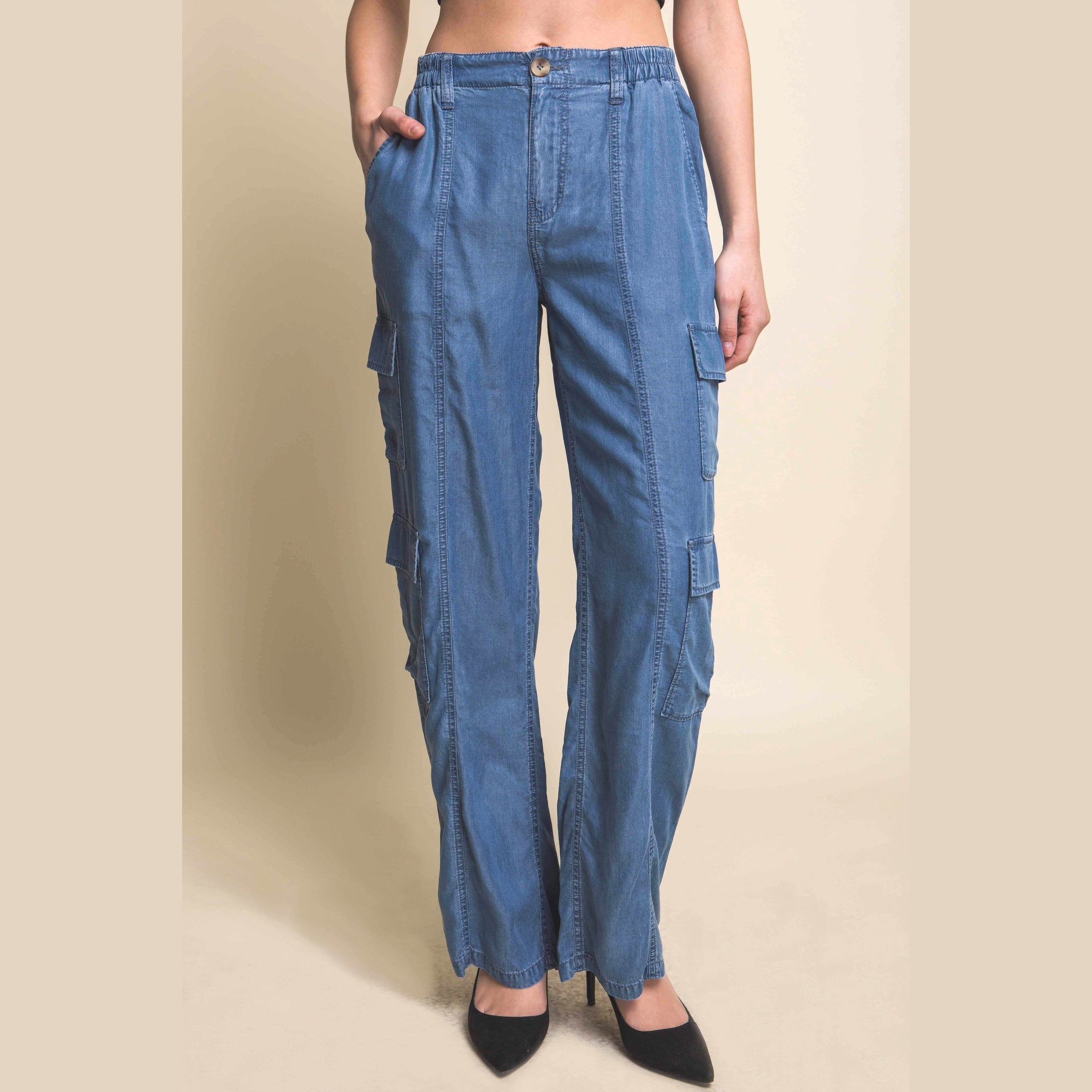 VacationGrabs women's lightweight travel pants with pockets in blue denim style with cargo side pockets
