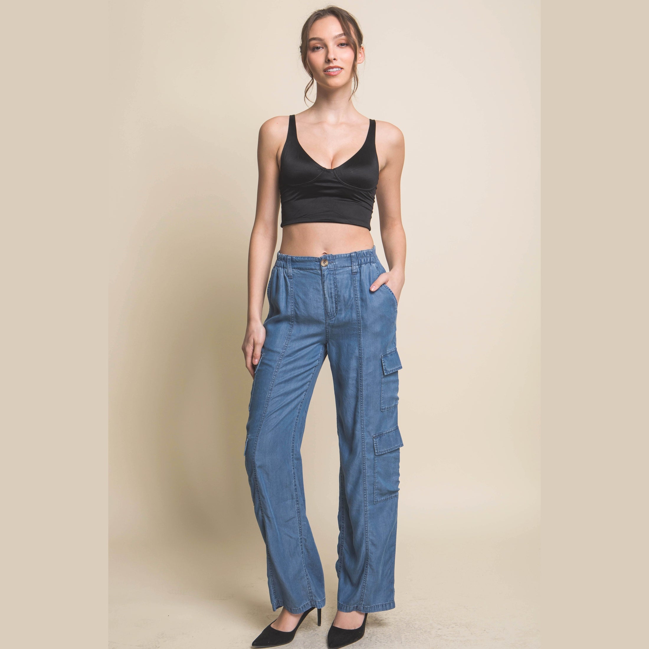 VacationGrabs women's lightweight travel pants with pockets in blue cargo style