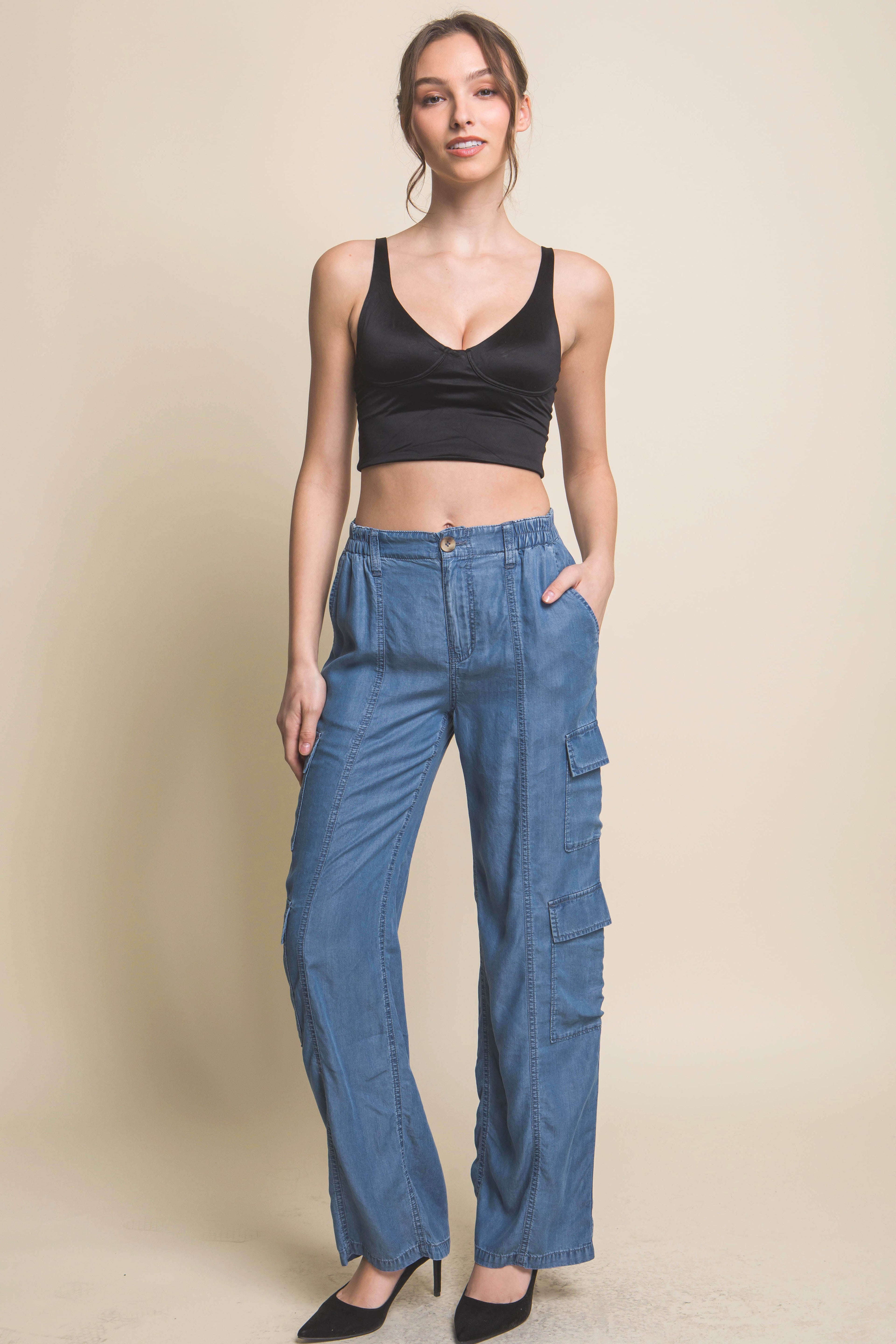VacationGrabs women's lightweight travel pants with pockets in blue cargo style