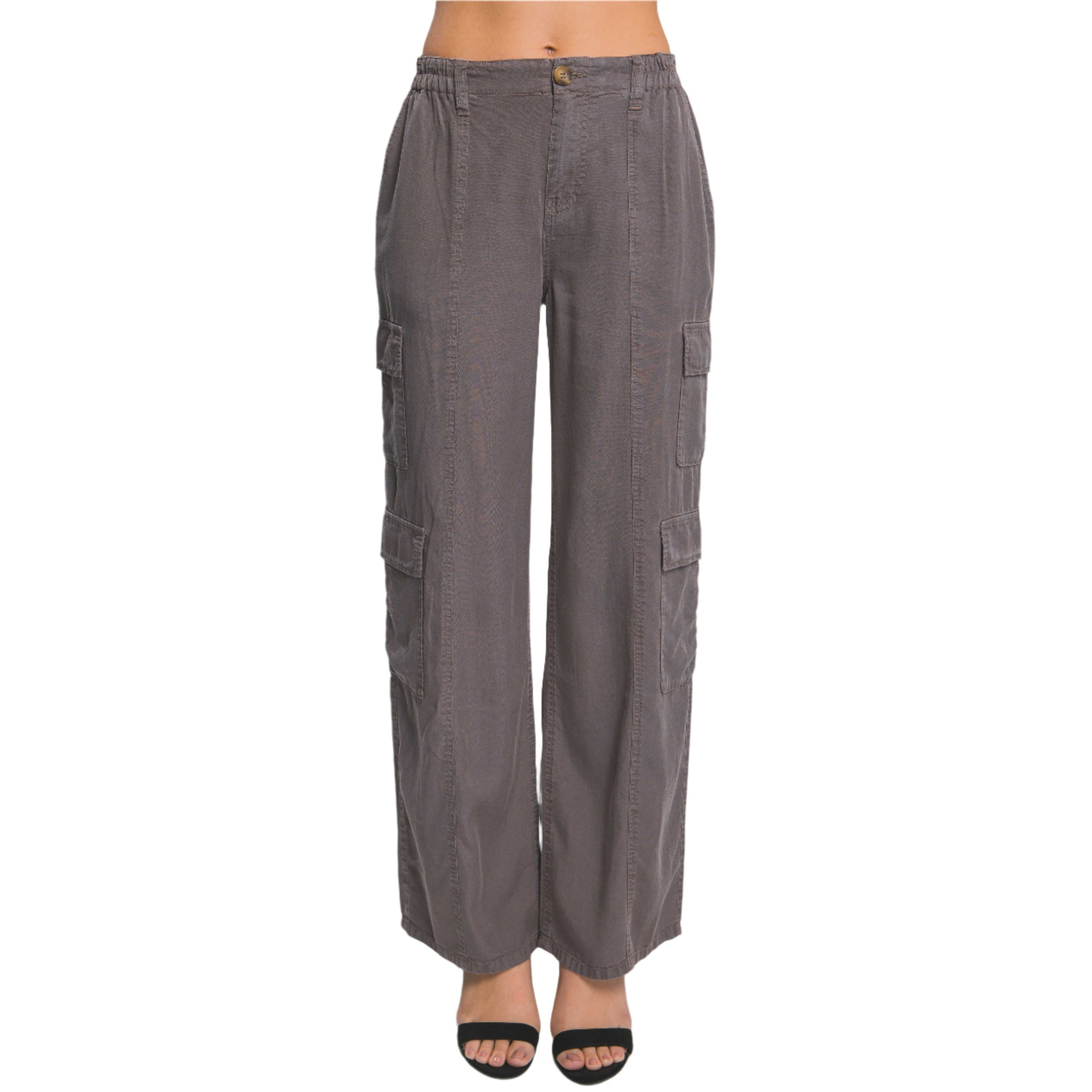 VacationGrabs women's lightweight travel pants with pockets in gray with cargo style and button closure