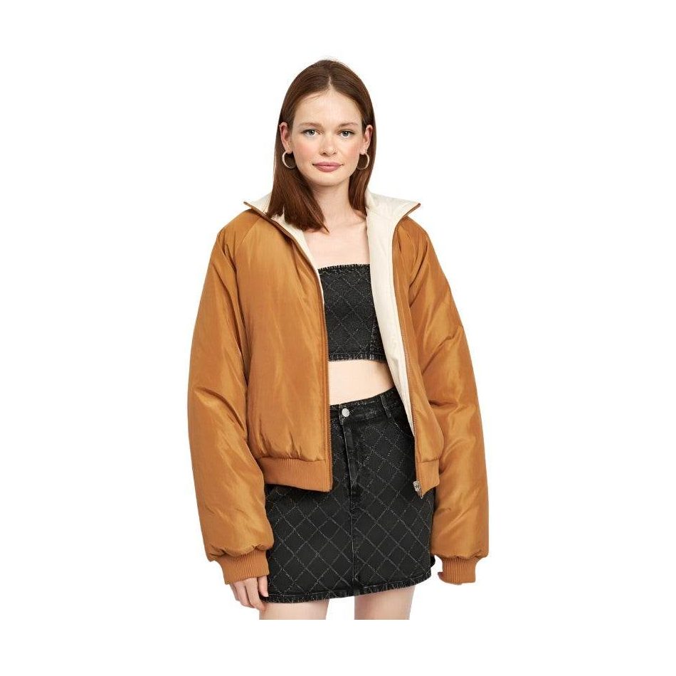 Emory Park lightweight travel puffer coat in brown with oversized fit and ribbed cuffs for warmth