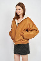 Emory Park lightweight travel puffer coat in warm brown color featuring a stylish collar and relaxed fit