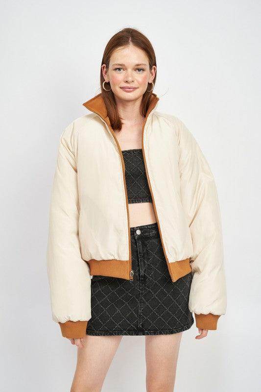 Emory Park lightweight travel puffer coat in cream with a stylish collar for women