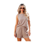 Lightweight womens loungewear set by YNIQUE featuring a sleeveless ribbed tank top and matching shorts in beige