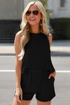 YNique black lightweight womens loungewear set sleeveless top and shorts outfit with pockets