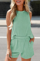 YNIQUE lightweight womens loungewear set in mint green sleeveless top and elastic waist shorts