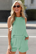 YNIQUE lightweight womens loungewear set in mint green sleeveless top and matching shorts