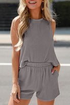 YNique lightweight womens loungewear set with sleeveless top and elastic waist shorts in gray