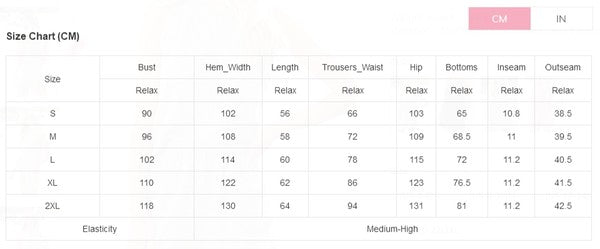 Size chart in centimeters for YNIQUE lightweight womens loungewear set showing measurements for bust, hem, length, waist, hip, bottoms, inseam, and outseam
