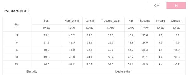 Size chart for lightweight womens loungewear set showing measurements in inches for bust, hem width, length, trousers waist, hip, bottoms, inseam, and outseam