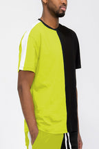 Two-Tone Split Side Stripe Cotton T-Shirt