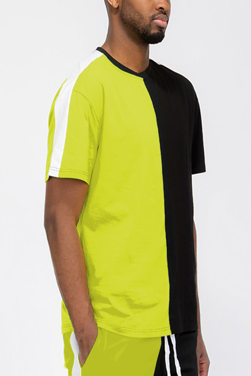 Two-Tone Split Side Stripe Cotton T-Shirt