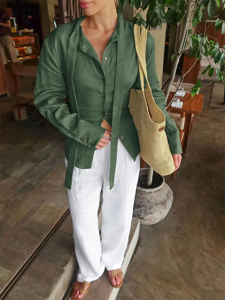 Men's olive linen blouse by VacationGrabs for casual summer outings