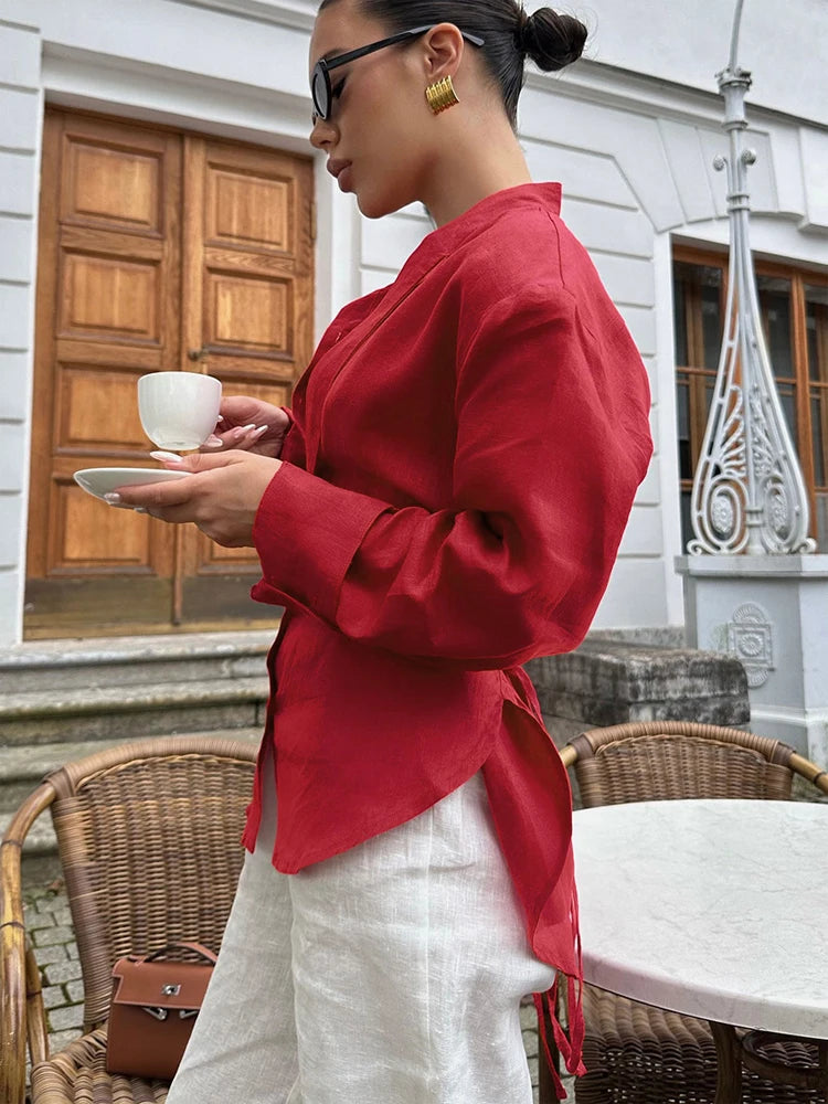 Red linen blouse men, perfect for casual outings or summer wear
