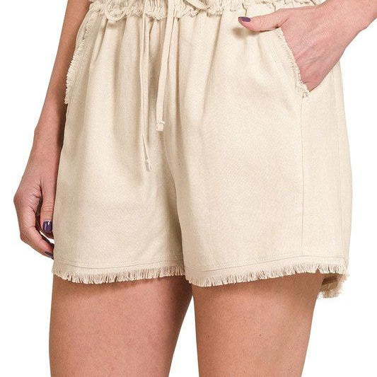 Women's Shorts Linen Frayed Hem Drawstring Shorts With Pockets