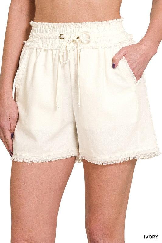 Women's Shorts Linen Frayed Hem Drawstring Shorts With Pockets