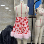 Women's pink heart-patterned dress with faux fur for lingerie for women