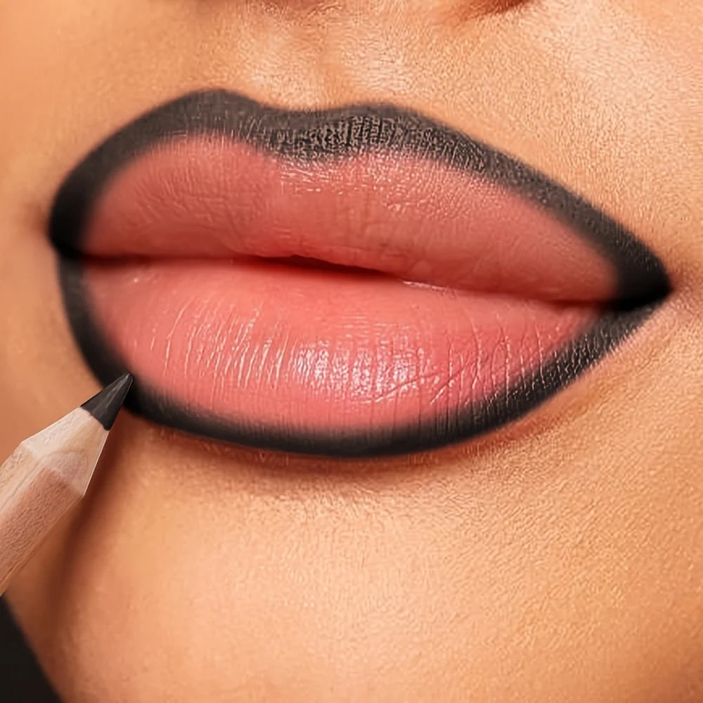 Lip pencil liner in black outlining a natural lip look