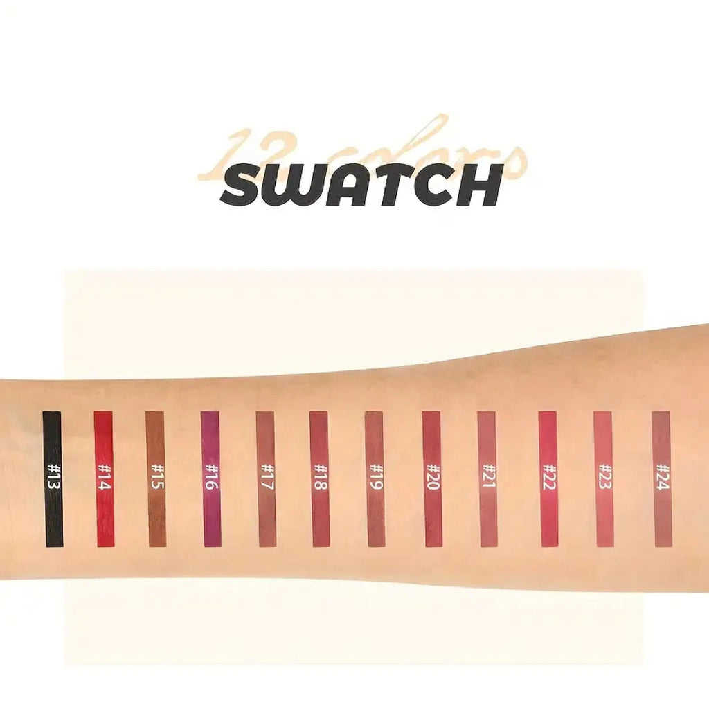 Lip pencil liner swatches showing 12 shades on skin