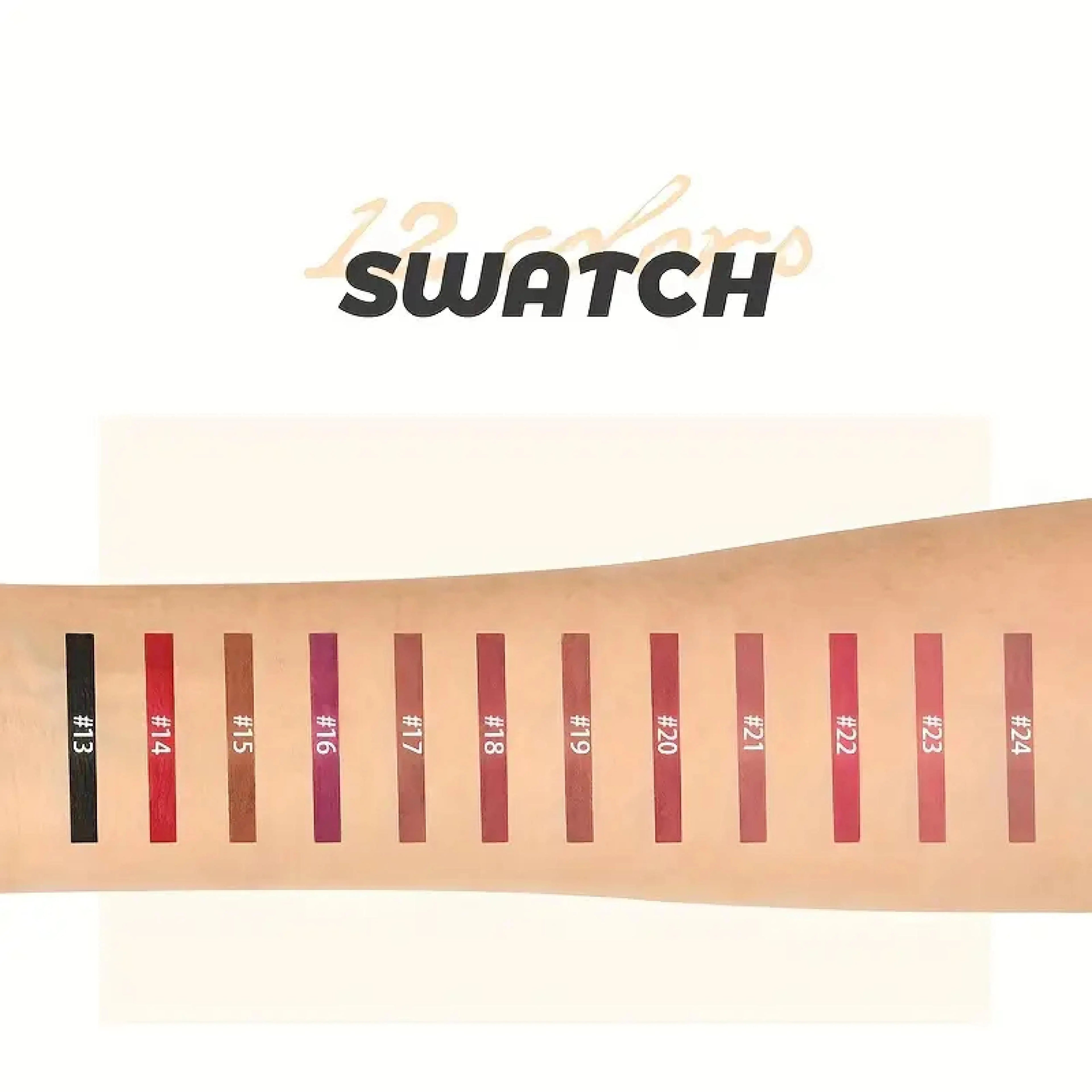 Lip pencil liner swatches showing 12 shades on skin