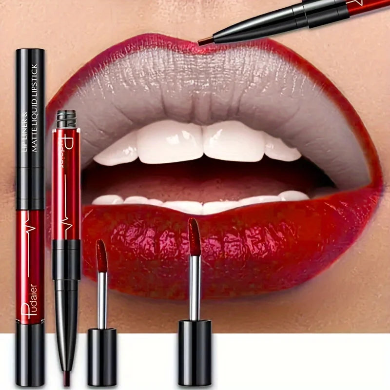 Red matte lipstick and lip liner for defined lips with lip liner