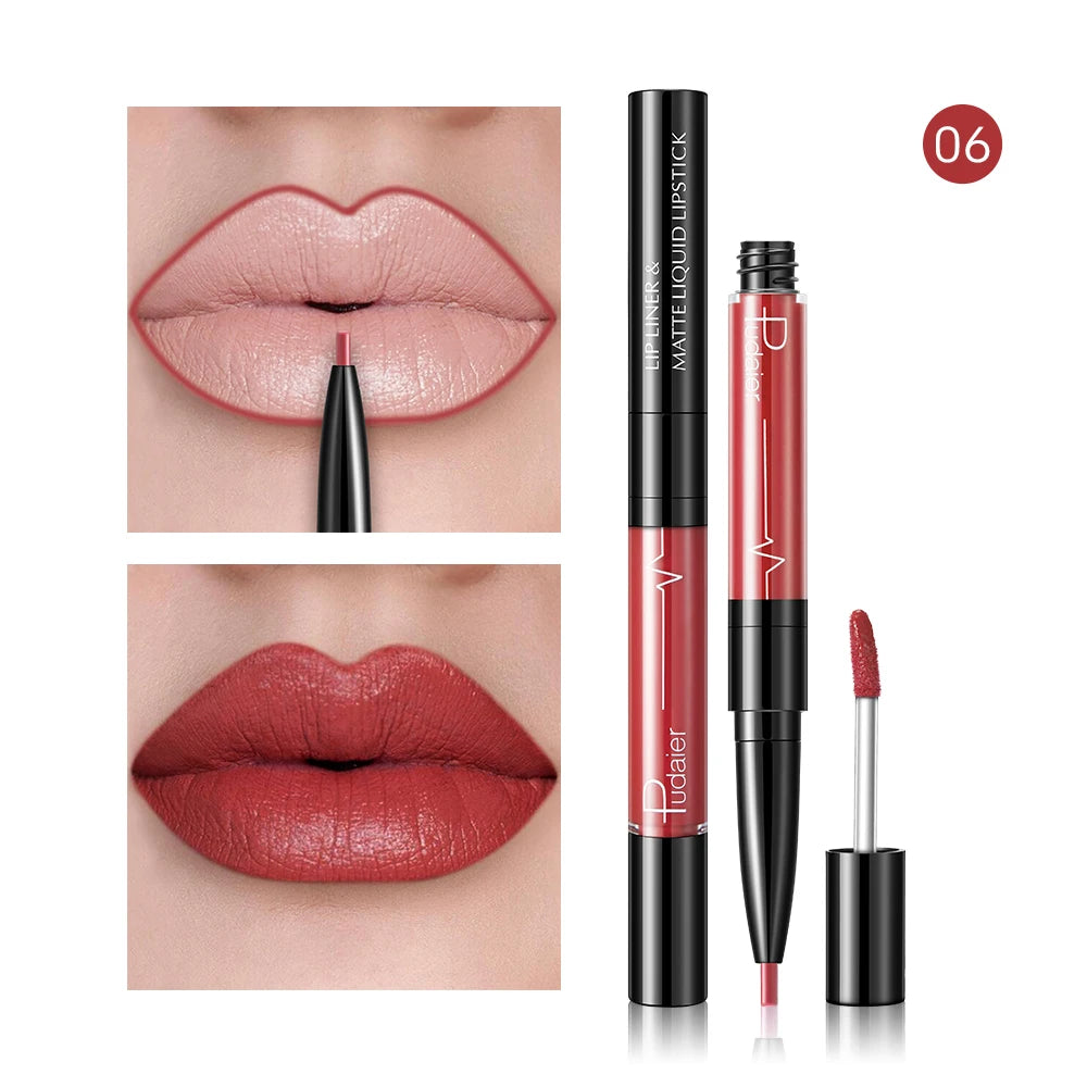 Matte liquid lipstick with lip liner for defined lips in warm red