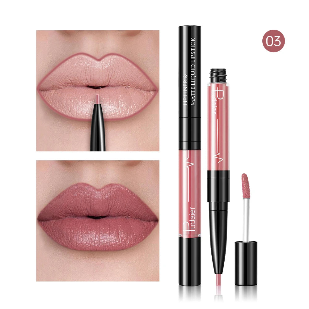 Matte liquid lipstick with lip liner for defined lips in nude color