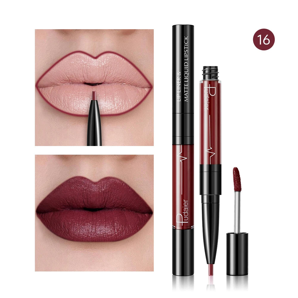 Matte liquid lipstick in red with lips and lip liner for a bold look