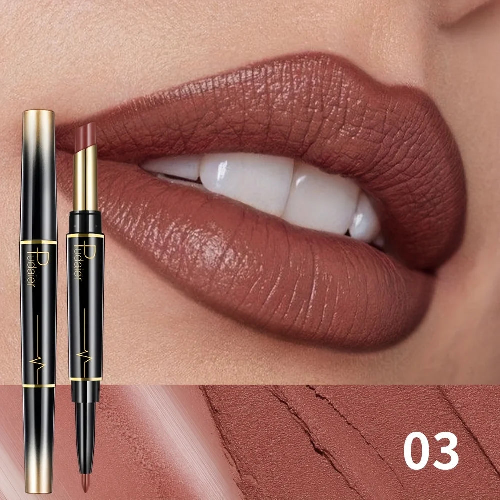 Matte lip color with lip liner, perfect for defined lips