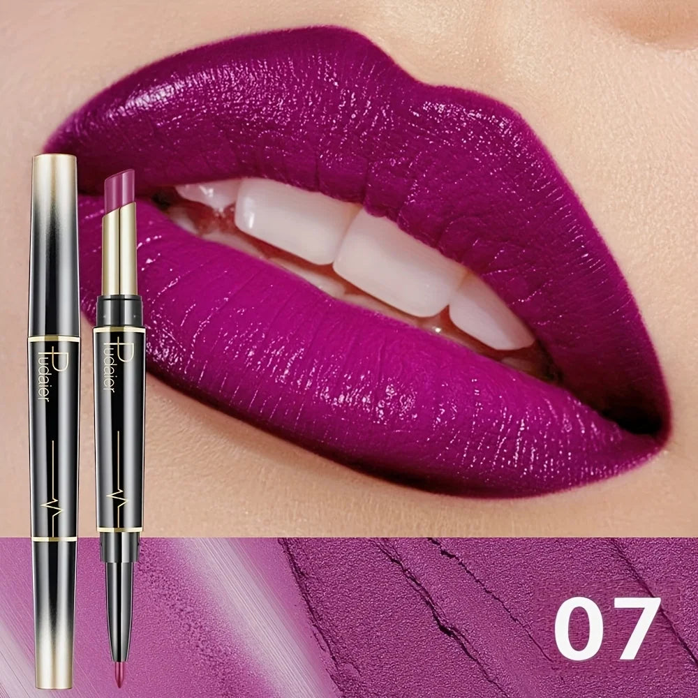 Vibrant purple lips with lip liner for a polished look