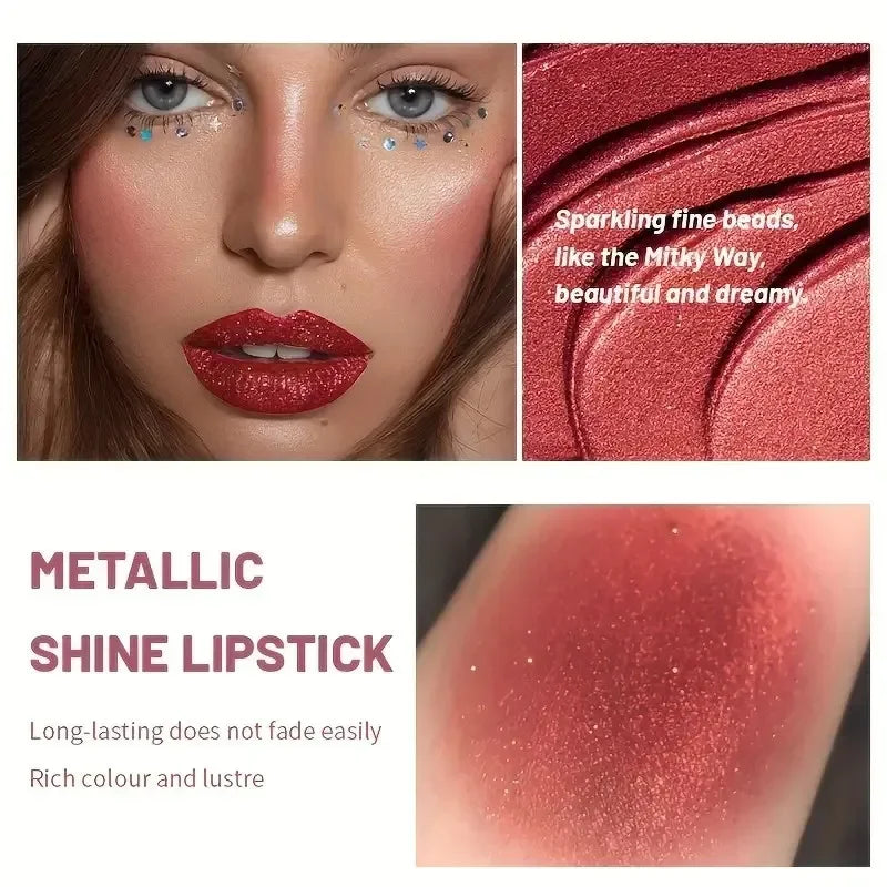Metallic lipstick pencil waterproof in rich red color for long-lasting wear