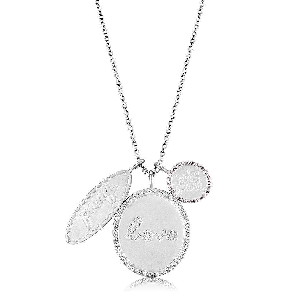 Rhodium brushed brass necklace featuring love charm and circular pendant