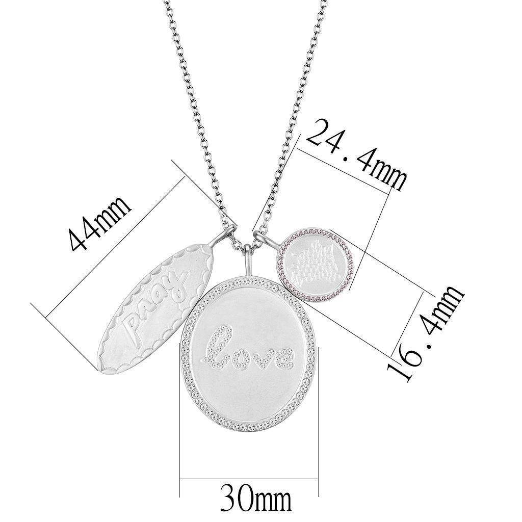 Rhodium brushed brass necklace featuring charm pendants with love engraving and decorative details
