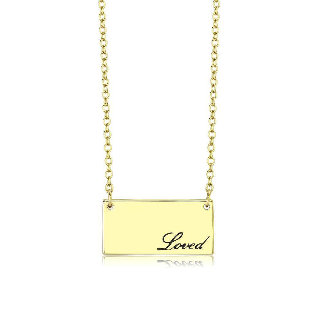 VacationGrabs flash gold brass necklace with a 'Loved' engravement on a delicate chain