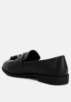 Women's black leather loafers with decorative tassels for casual wear